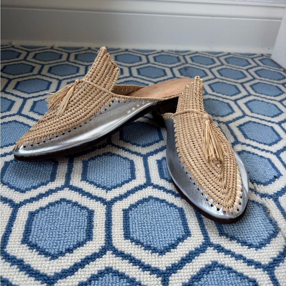 Moroccan Rafia Mules in Silver